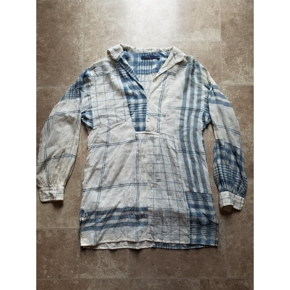 Polo Ralph Lauren Linen Patchwork Baby Doll Dress Blue White Small S